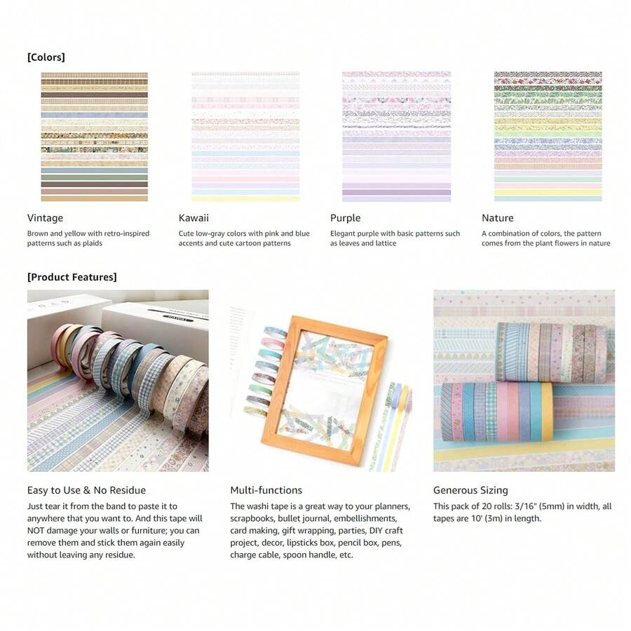 20Rolls Vintage Washi Tape Set - Washi Tape Set reseña y precio